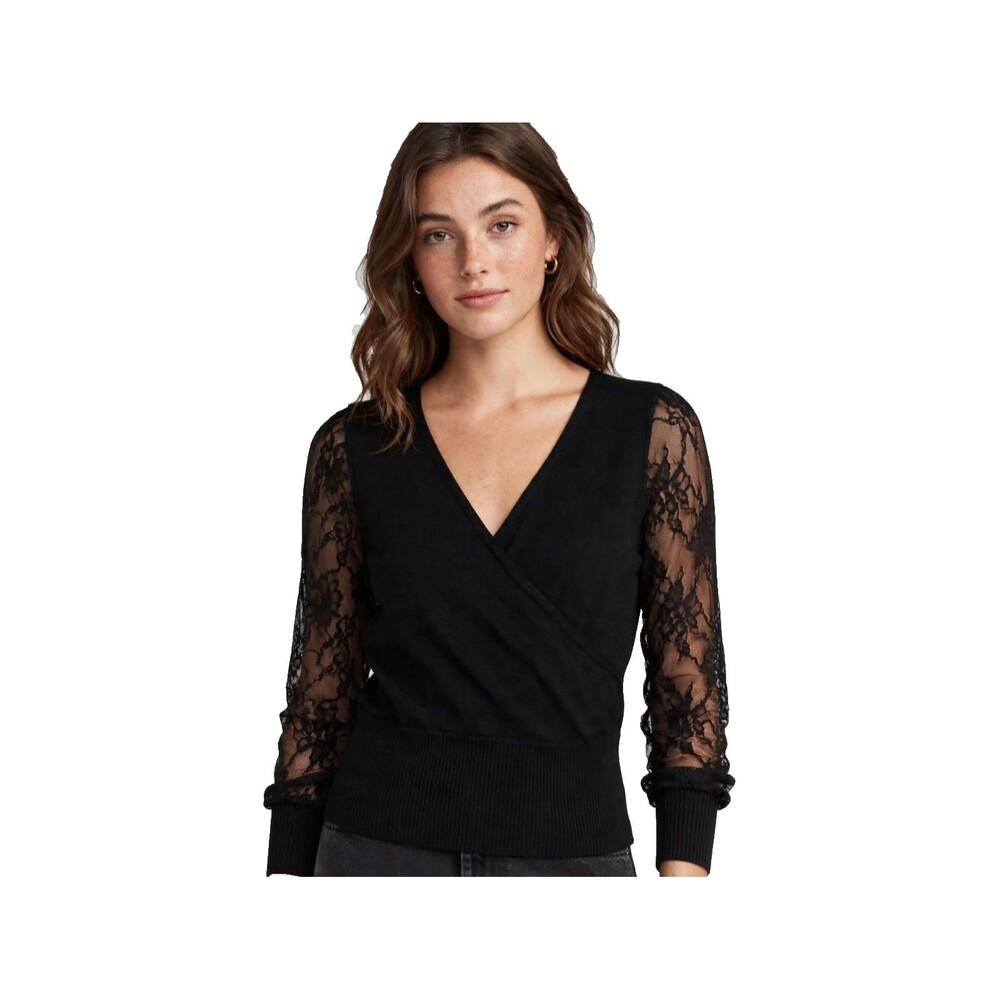 Madden Girl XS Black Wrap Sweater Sheer Floral Lace Sleeves Faux Surplice NWT
